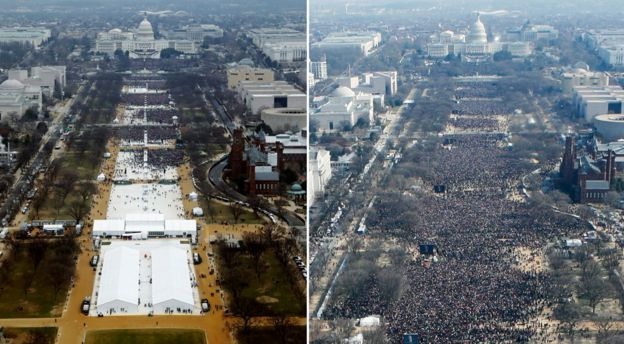 Fotoğraflar, Trump'ın yemin törenine, 2009'daki Obama'nın törenine kıyasla daha az kişinin katıldığını ortaya koyuyor.