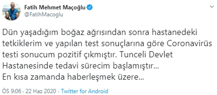Fatih Mehmet Maçoğlu kimdir? Koronavirüse yakalanan Tunceli Belediye Başkanı ne dedi?