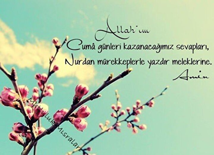 En güzel resimli Cuma mesajları: Ömrüne ömür katılsın, Gönlüne meltem saçılsın. Bu mübarek günde melekler dört yanını sarsın…Derdine derman, gönlüne iman dolsun..! Hayırlı Cumalar.