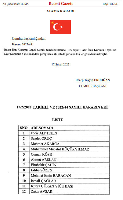 Basın İlan Kurumuna ilişkin atama kararları Resmi Gazete'de