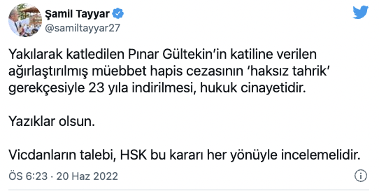 AK Partili Şamil Tayyar'dan Pınar Gültekin tepkisi: HSK'yı göreve davet etti