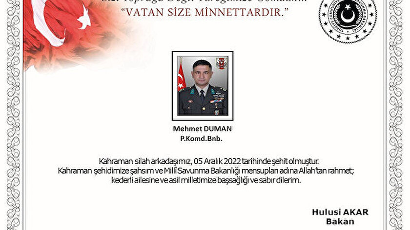 MSB: Pençe-Kilit bölgesinde bir asker şehit oldu