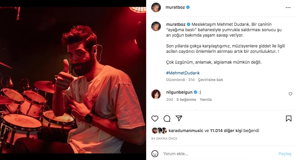 Ünlü isimler, Piiz'in davulcusu Mehmet Dudarık'ın uğradığı saldırıya sessiz kalmadı