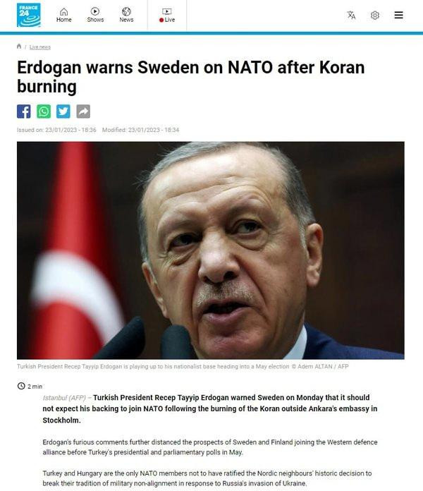Erdoğan, İsveç'e NATO kapısını kapattı, France 24 algıya başladı