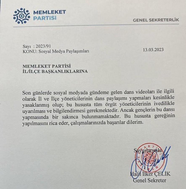 Memleket Partisi dans yasağı getirdi: İşte o yazı!