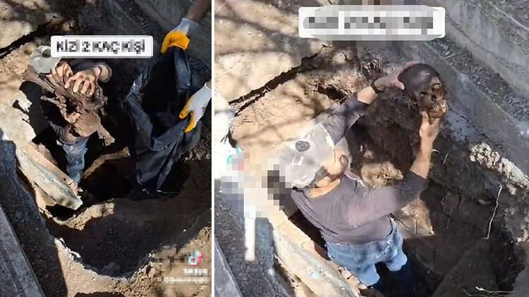 Mezar açma işlemi yapan görevli çıkardığı kemikleri ve kafatasını fırlatıp alay etti! Üstüne bir de TikTok'ta paylaştı...